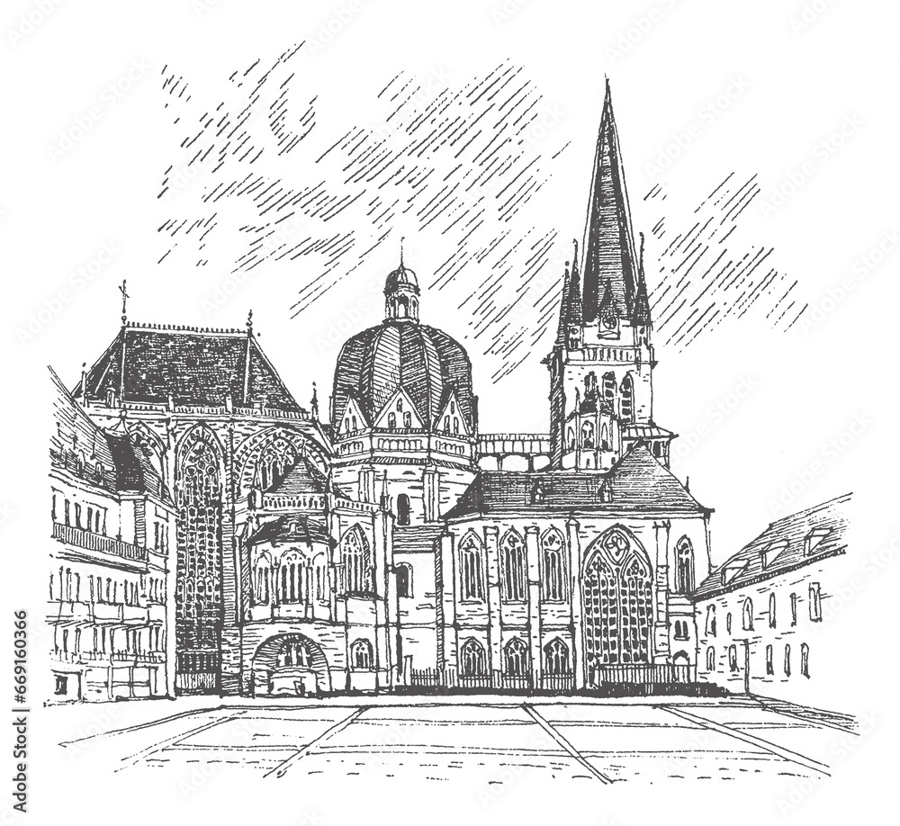 Travel sketch illustration of Aachen Cathedral, Germany. One of the oldest cathedrals in Europe, old town. Line art drawing, ink pen on paper. Hand drawn. Urban sketch, black color on white background
