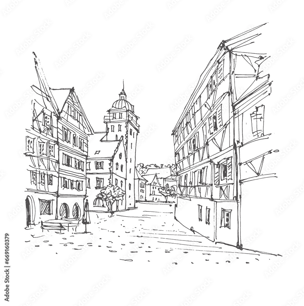 Travel sketch illustration of Baden-Württemberg, Germany, Europe. Sketchy line art drawing with a pen on paper. Hand drawn. Urban sketch in black color isolated on white background. Freehand drawing.