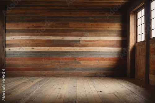 Rustic empty space featuring weathered wood walls and reclaimed barn wood floors for a cozy  vintage feel.