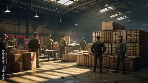 Hangar. Warehouse on a military base. Soldiers and workers during warehouse work. Military supply system for modern military operations. Redistribution of ammunition and weapons for modern warfare.