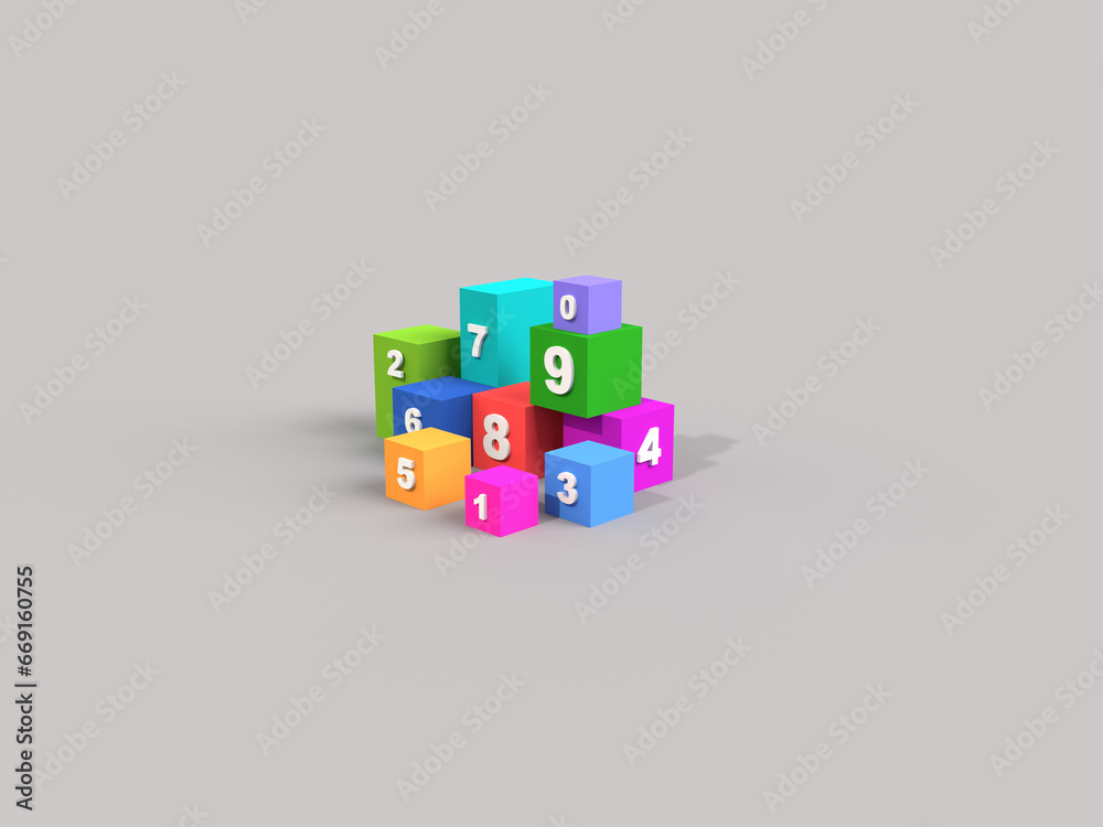 Obraz premium 3D 0-9 numbers and colored cubes. 3d colored cubes and numbers