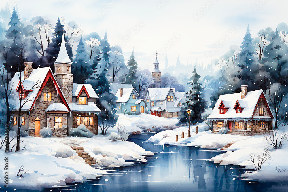 Watercolor postcard in blue shades, winter village with cozy houses, snowdrifts.