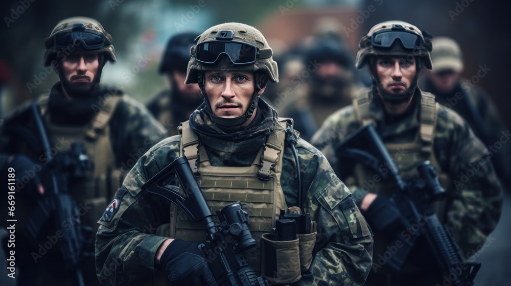 Modern infantrymen, armed with the latest weapons. A small special forces unit. A special unit for performing special sabotage missions behind enemy lines. Modern infantrymen, armed with the latest weapons. A small special forces unit. A special unit for performing special sabotage missions behind enemy lines.