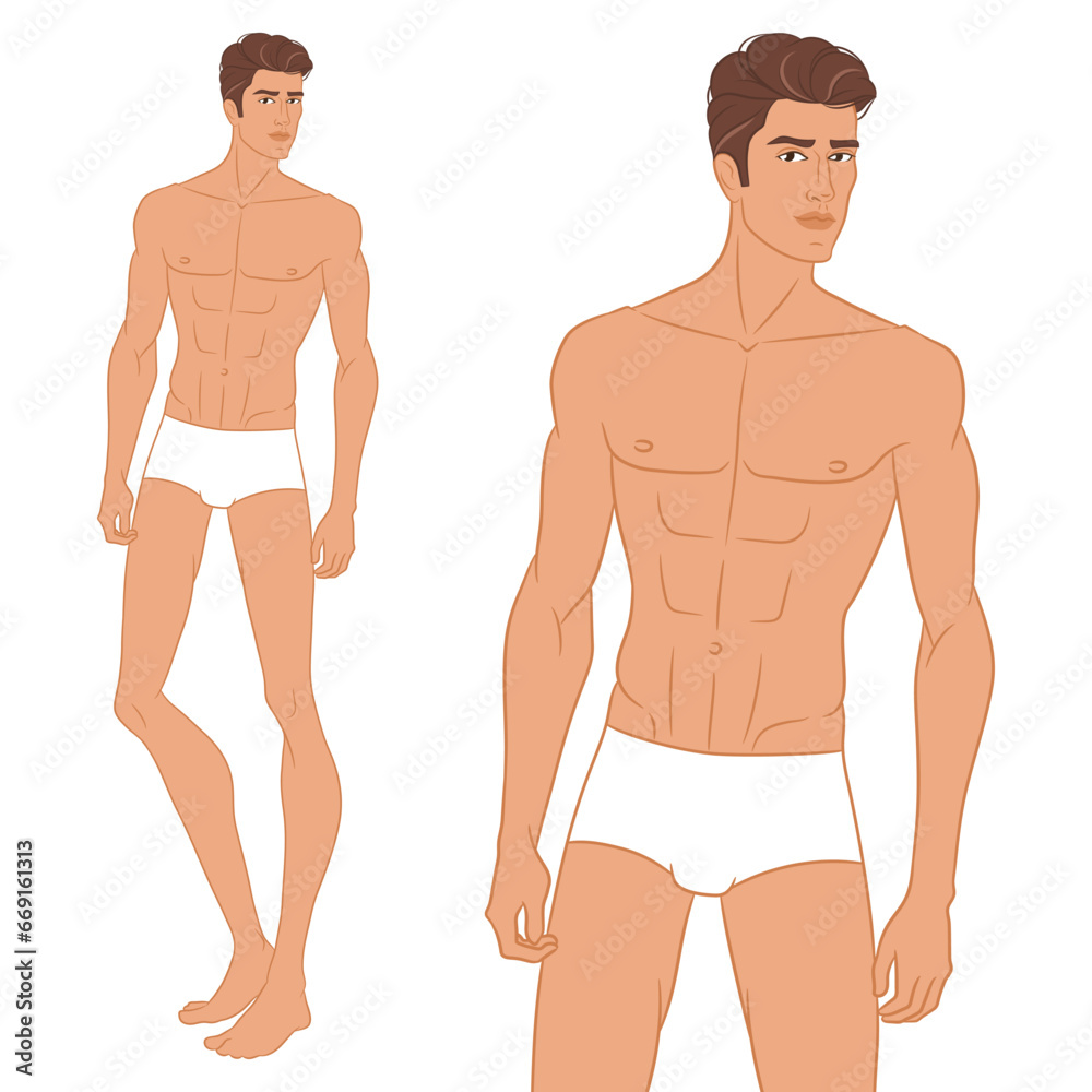 Male fashion model posing. Nine-head fashion figure template. Handsome young man, vector illustration. Man fashion colored croquis with face and hair. Male fashion model posing. Nine-head fashion figure template. Handsome young man, vector illustration. Man fashion colored croquis with face and hair.