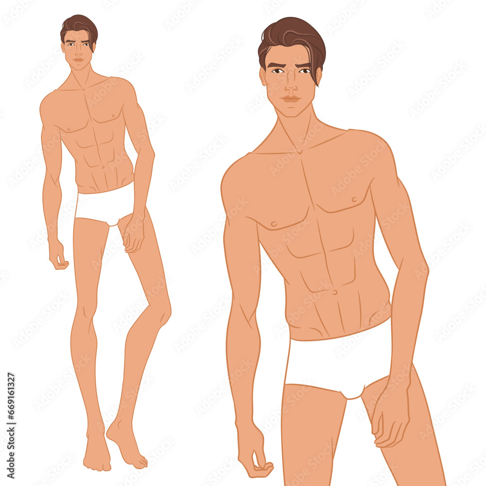 Male fashion model posing. Nine-head fashion figure template. Handsome young man, vector illustration. Man fashion colored croquis with face and hair. Male fashion model posing. Nine-head fashion figure template. Handsome young man, vector illustration. Man fashion colored croquis with face and hair.