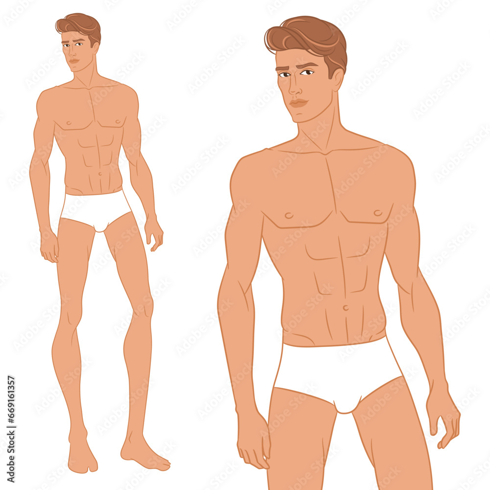 Male fashion model posing. Nine-head fashion figure template. Handsome young man, vector illustration. Man fashion colored croquis with face and hair. Male fashion model posing. Nine-head fashion figure template. Handsome young man, vector illustration. Man fashion colored croquis with face and hair.