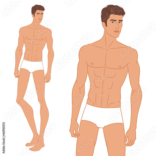Male fashion model posing. Nine-head fashion figure template. Handsome young man, vector illustration. Man fashion colored croquis with face and hair.