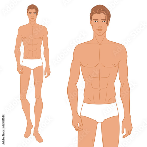 Male fashion model walking on the podium. Nine-head fashion figure template. Handsome young man, vector illustration. Man fashion colored croquis with face and hair.