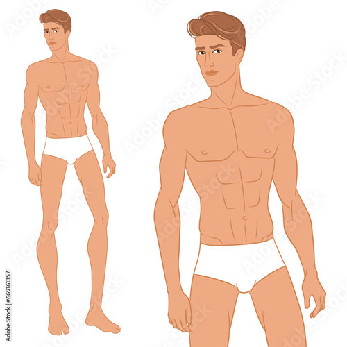 Male fashion model posing. Nine-head fashion figure template. Handsome young man, vector illustration. Man fashion colored croquis with face and hair.
