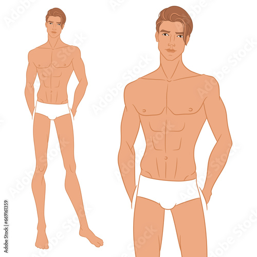 Male fashion model posing. Nine-head fashion figure template. Handsome young man, vector illustration. Man fashion colored croquis with face and hair.