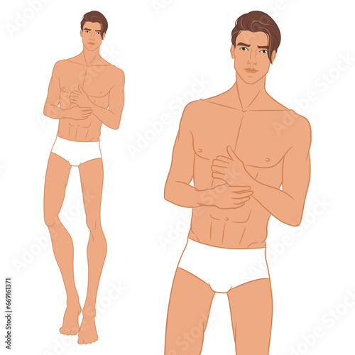 Male fashion model posing. Nine-head fashion figure template. Handsome young man, vector illustration. Man fashion colored croquis with face and hair.