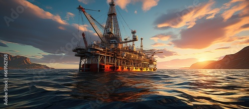 Jack Up Rig in the Middle of the High Seas. isolated Sunset