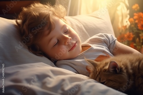 Little boy with cat sleep on bed with sunlight from the window