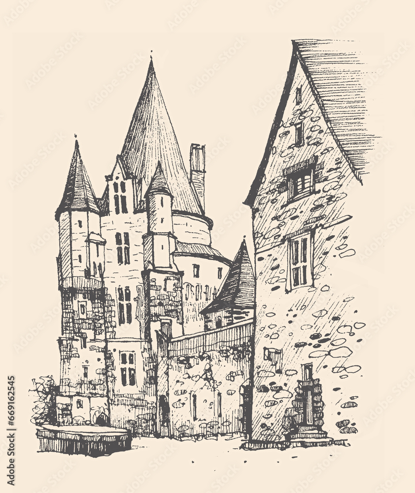 Obraz premium Sketch of a medieval castle, The Chateau de Vitre, in the Ille-et-Vilaine département of France. Hand drawn postcard. Urban sketch in black color isolated on retro beige background. Line art drawing.