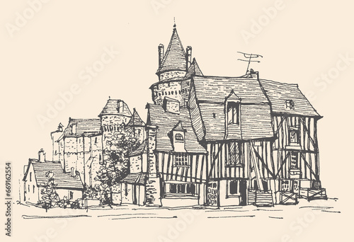 Sketch of a medieval castle  The Chateau de Vitre  in the Ille-et-Vilaine d  partement of France. Hand drawn postcard. Urban sketch in black color isolated on retro beige background. Line art drawing.