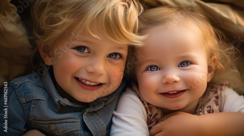 Two little toddler boys having fun in bed before sleeping. Sibiling kids close up portrait