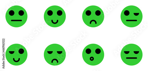 Emoticons icons set. Emojis flat style. Emoji faces collection. Happy smile, neutral, sad, surprised and dissatisfied emoji. 