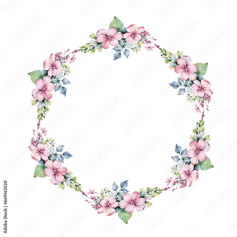 Pink spring flowers with leaves watercolor paint card round frame decor design on white