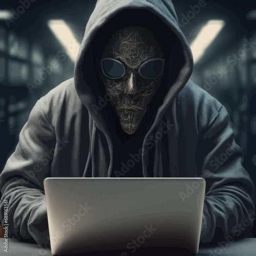 cyber hacker in hoodie cyber hacker in hoodie hacker in hood with laptop and mask on background © Shubham