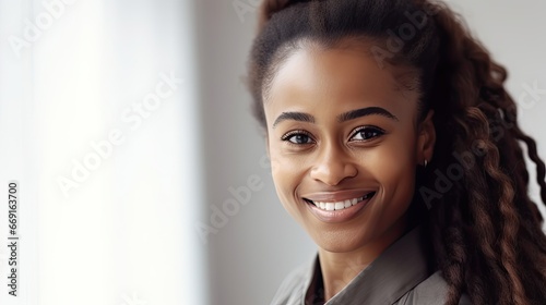 profile view of african american business woman smiling against dark background, copy space