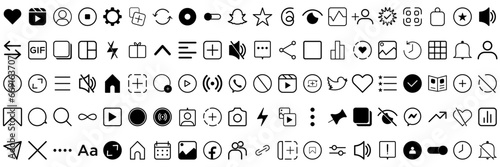 instagram Social networking icon set. Like, comment, send, saved, statistics and other icon. Outline and black vector illustration photo
