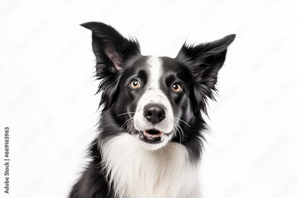 Black and white panting border collie dog sitting, isolated on white