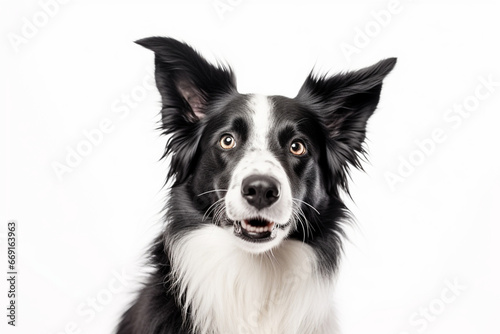 Black and white panting border collie dog sitting  isolated on white
