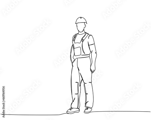 Builder in working uniform, protective overalls, hard hat, safety one line art. Continuous line drawing of repair, professional, hand, people, concept, support, maintenance.