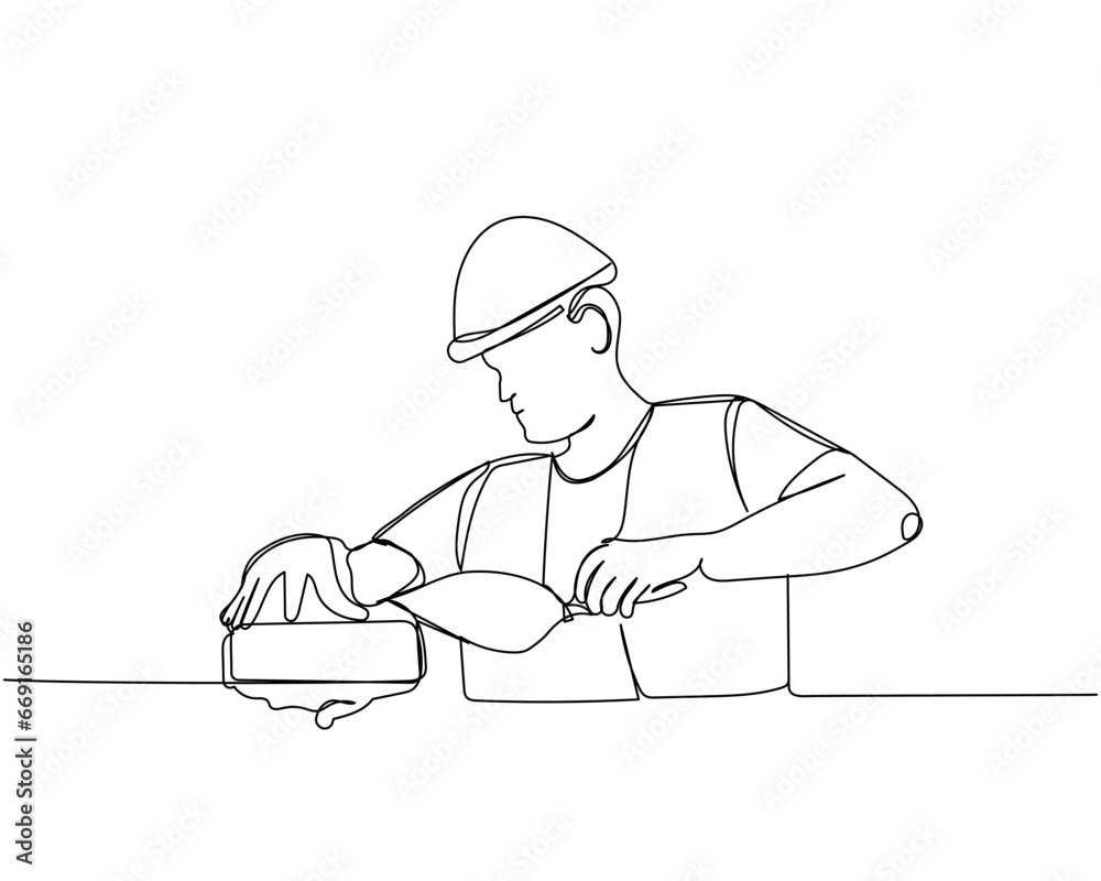 Bricklaying, building, building walls, worker in uniform lays bricks one line art. Continuous line drawing of repair, professional, hand, people, concept, support, maintenance.