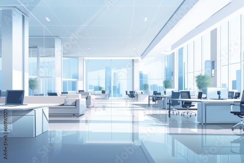 Expansive office space remains vacant and silent with only pieces of furniture occupying it. Large open office area devoid of activity with sound save for pieces of furniture filling space © Liaisan