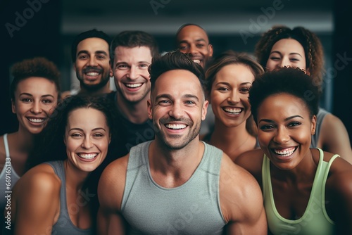 Multicultural group of people working out in fitness studio representing variety of cultures photo