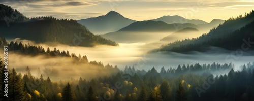 Misty shroud wrapped around rugged mountains and forest casting veil of secrecy over landscape. Fog conceals details of mountains with trees inviting greater sense of wonder with mystery