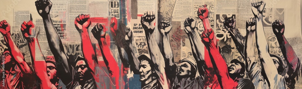 Revolution and confrontation in the style of street art and newspaper collage - obrazy, fototapety, plakaty 