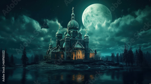 Fantasy castle with full moon view