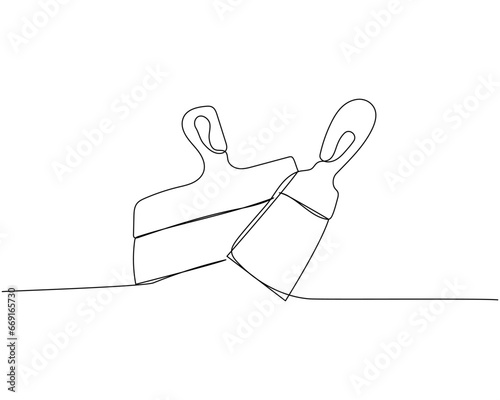 Two spatulas for plaster of different sizes one line art. Continuous line drawing of repair, professional, hand, people, concept, support, maintenance.