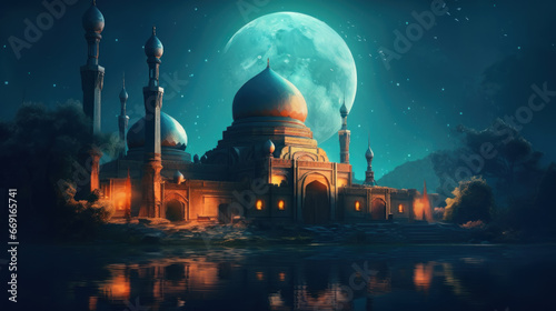 Islamic background beatiful mosque at full moon photo