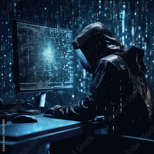 hacker in hoodie and laptop hacker in hoodie and laptop hacker in hoodie using laptop with hacking code. mixed media