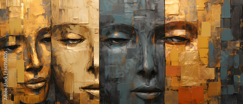 Digital painting of three faces in different colors on a brick wall.