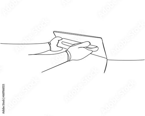 Puttying walls, leveling walls, Professional Rectangular Steel Trowel one line art. Continuous line drawing of repair, professional, hand, people, concept, support, maintenance.