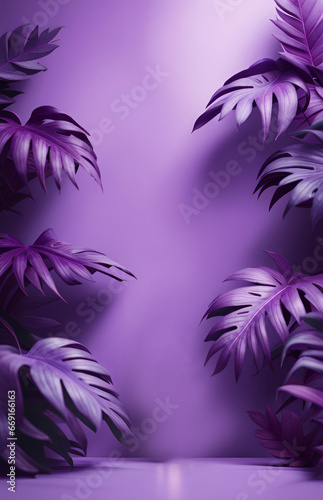 Mural for the walls. Photo wallpapers for the room. Tropical leaves on a lilac background in the grunge style, Generative AI