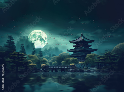 scene in japan temple at full moon night fantasy © Shiina shiro111