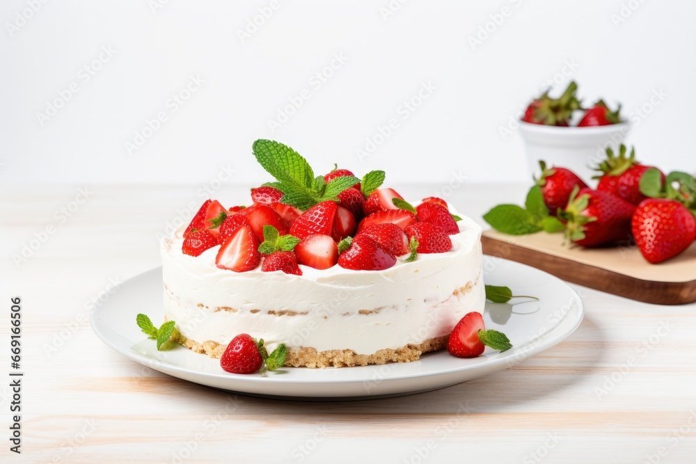 Delicious Strawberry Topped Cake on a White Plate Created With Generative AI Technology Delicious Strawberry Topped Cake on a White Plate Created With Generative AI Technology