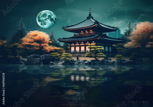 japan temple with night scene and moon