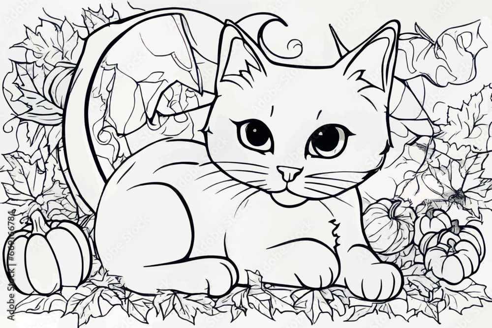 coloring book for children. black and white picture.coloring book for children. black and white picture.cute cartoon kitten with a white bow. coloring book.