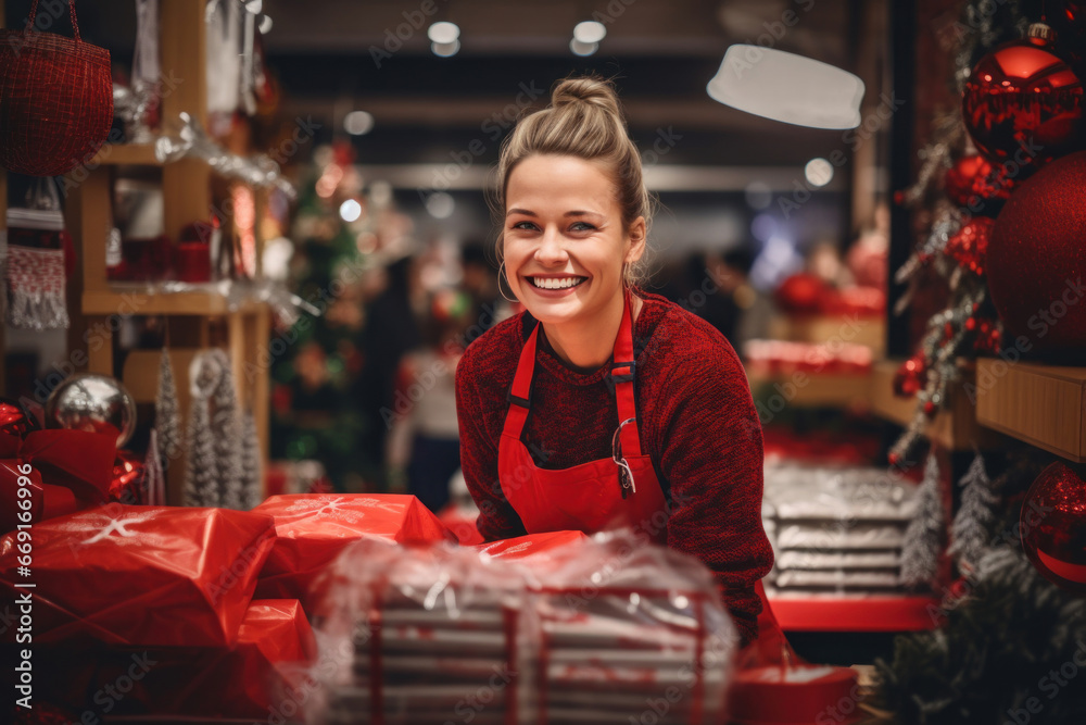 A joyful young woman smiles in a store filled with Christmas decorations and festive ornaments