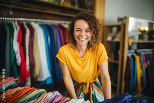 Happy young woman staff member presenting trendy fashion items in a vibrant clothing boutique