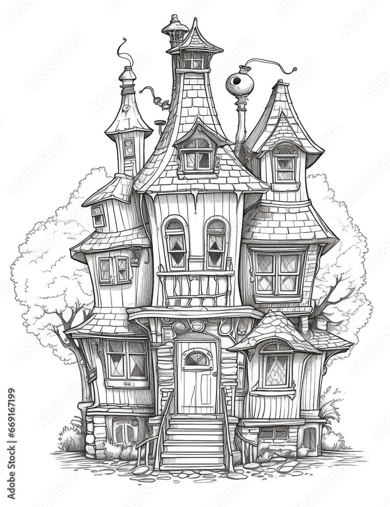 Outline art for a cute little house suitable for a coloring book page. Black and white illustration. White background.