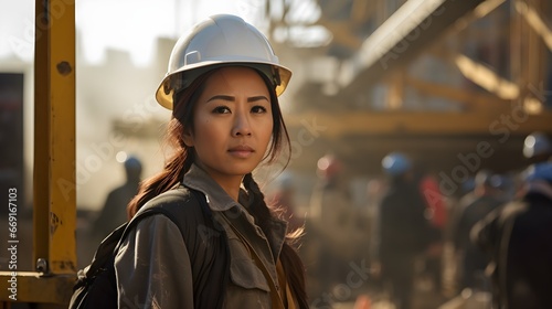Woman on site, a female construction foreman confidently guiding her crew amidst the steel and dust of the construction site.