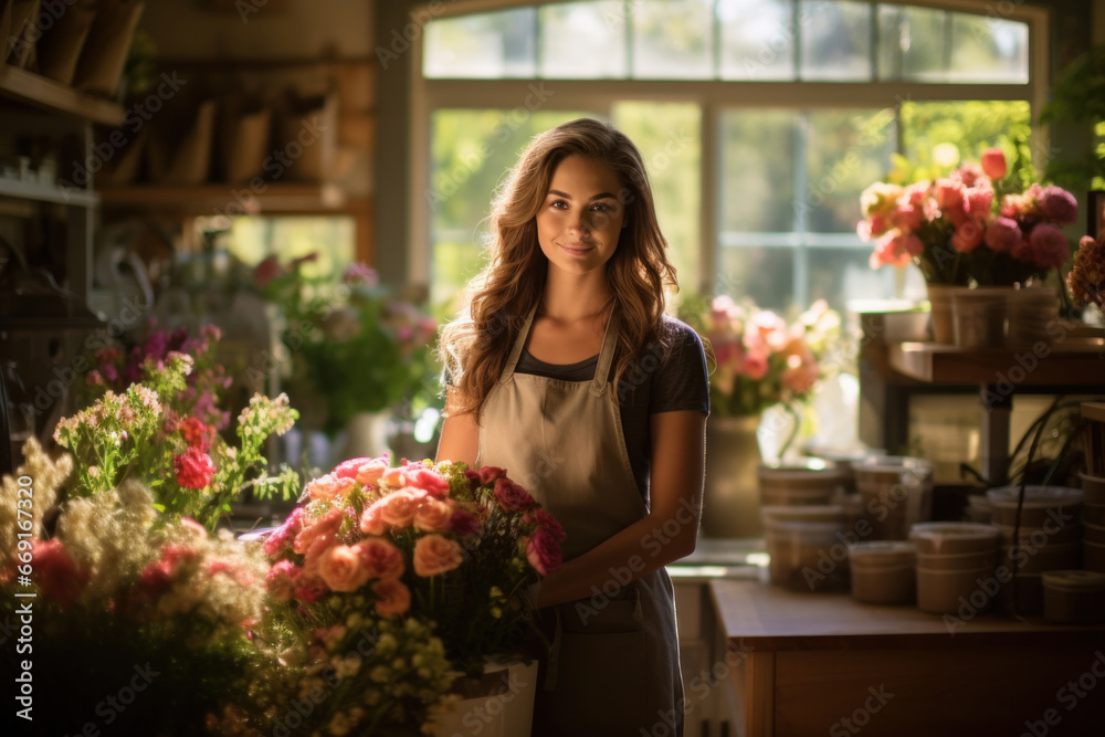 Skilled female florist meticulously selecting blossoms, composing a beautiful floral arrangement