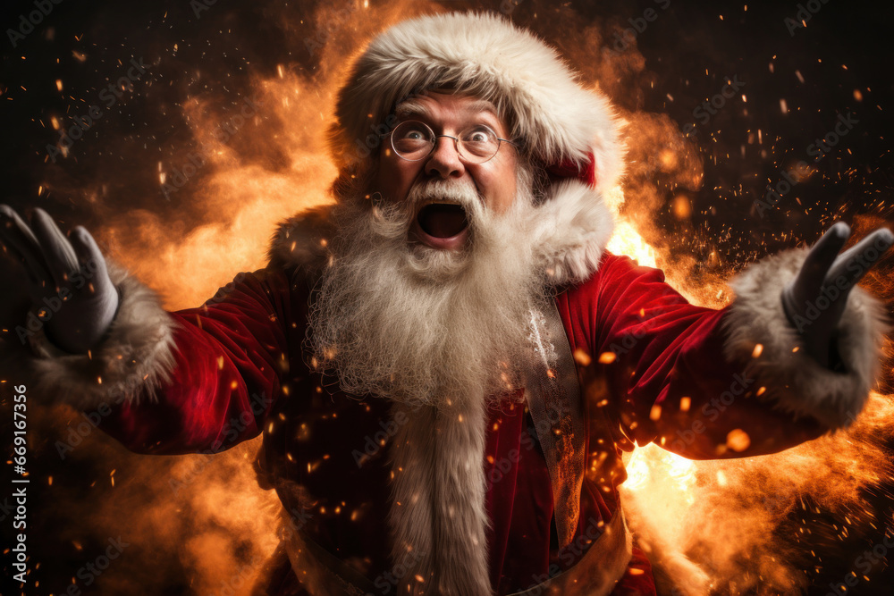Stunned image of Santa Claus behind whom there is an explosion of fire